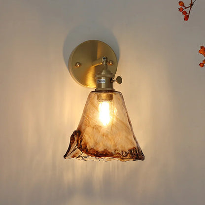 Brass Glass Wall Lamp, Retro Wall Sconce, Amber Glass Fixture for Hallway and Stairwell