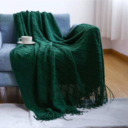 Khaki Knitted Throw Blanket, Waffle Knit Throw, Neutral Layer for Sofa and Bed