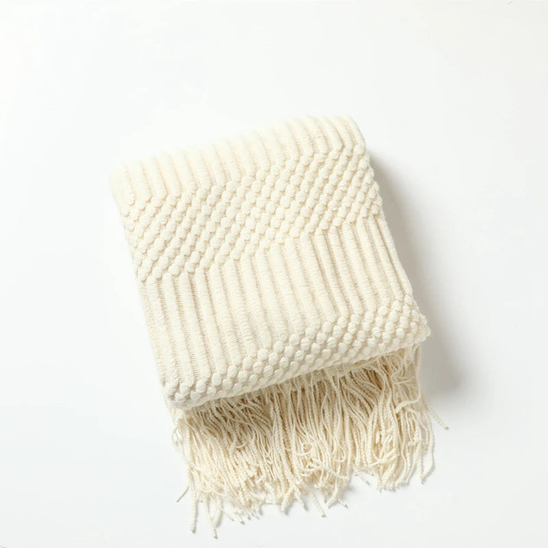 Khaki Knitted Throw Blanket, Waffle Knit Throw, Neutral Layer for Sofa and Bed