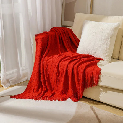 Khaki Knitted Throw Blanket, Waffle Knit Throw, Neutral Layer for Sofa and Bed