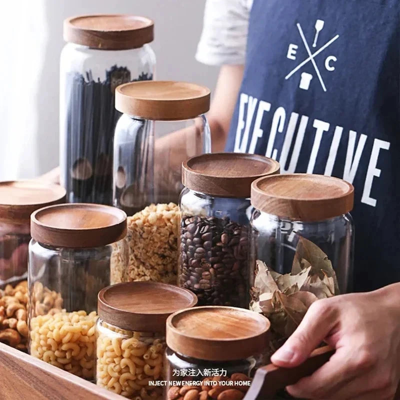 Glass Canister Set, Airtight Storage Jars with Wood Lids, Kitchen Pantry Organization