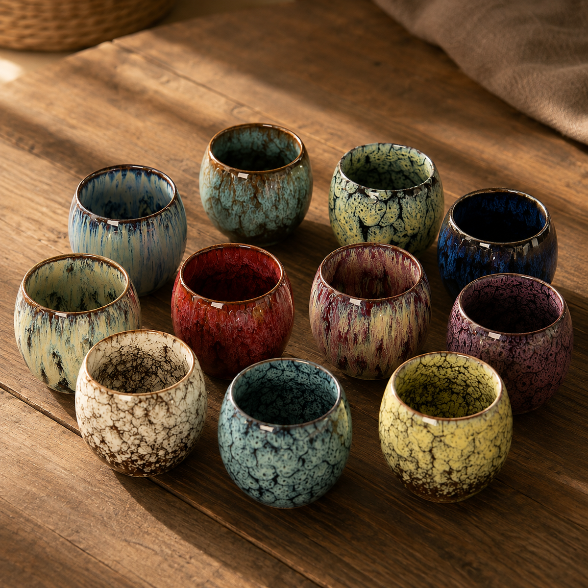Kiln glazed ceramic espresso cup on a saucer beside a coffee machine