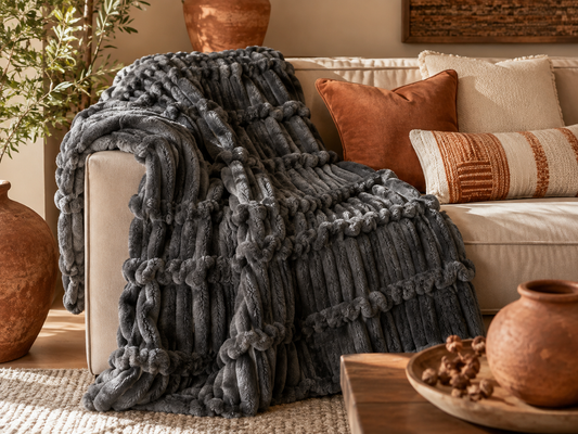 Soft fluffy striped throw blanket folded on a bed