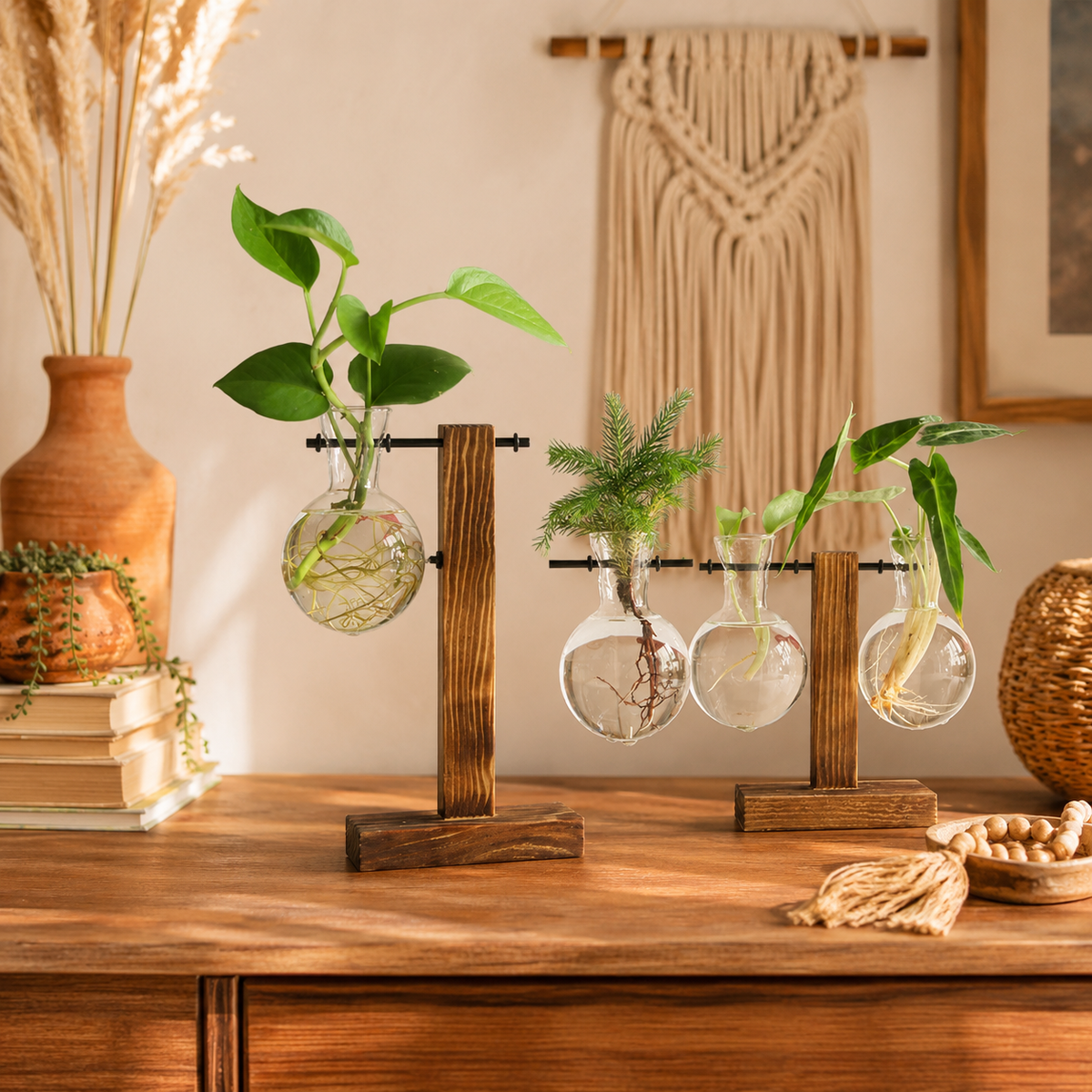 Glass bulb vase in a wooden stand on a desk, holding a cutting in water