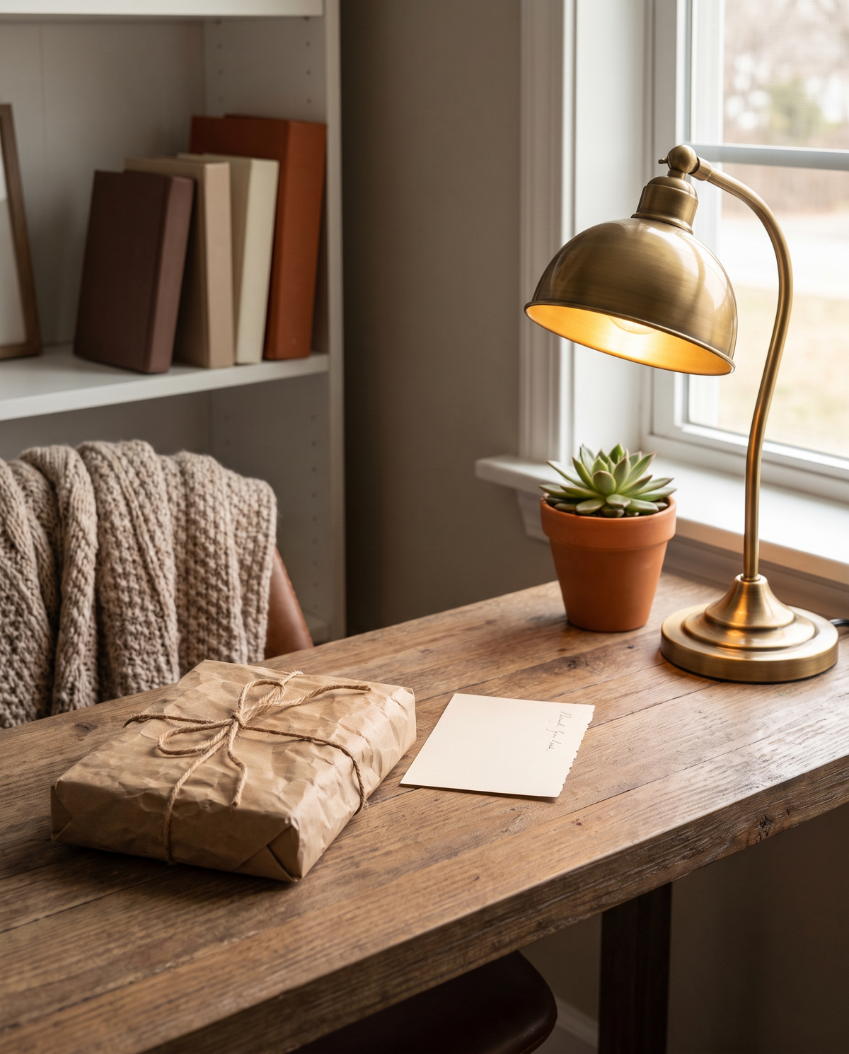 Wrapped parcel with a handwritten note on a wooden desk