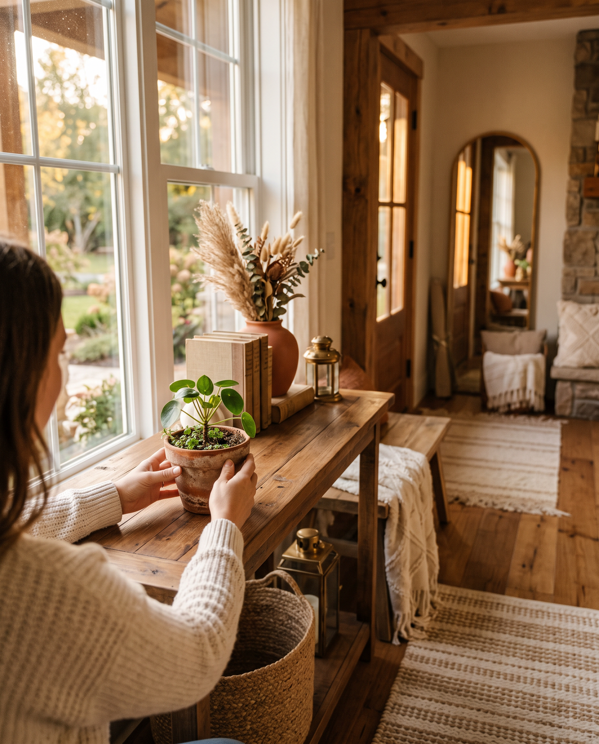 Warm entryway with hands arranging a small plant