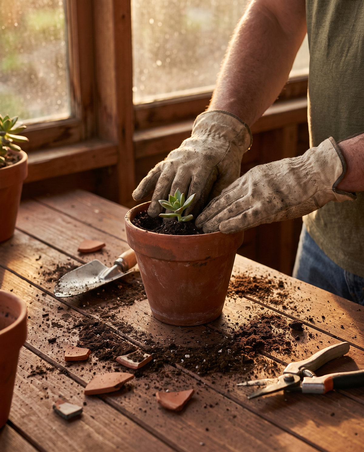 Hands potting a small plant into a terracotta pot