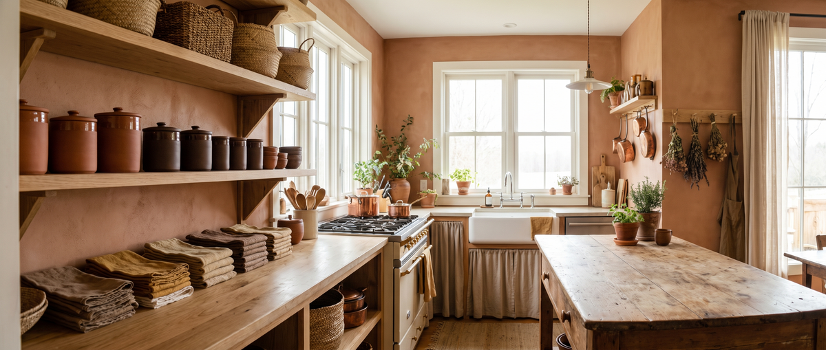 Warm organized kitchen with open shelving