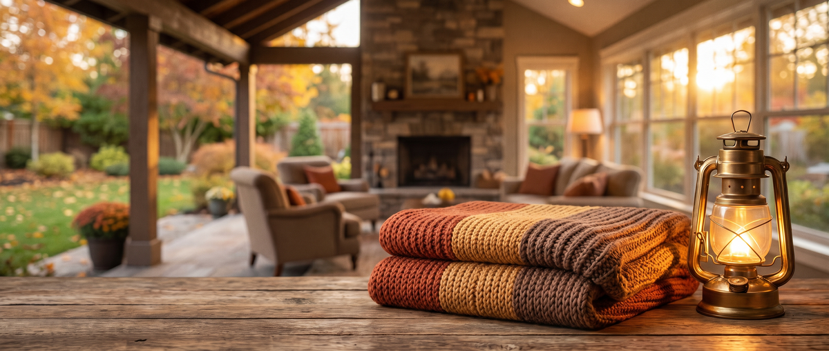 Cozy throw blanket and warm outdoor lantern light