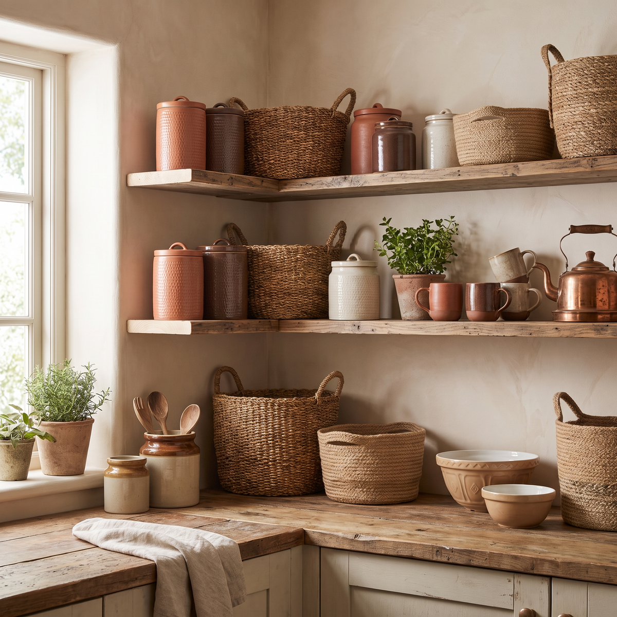 Organized kitchen shelving with woven storage baskets