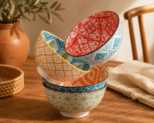 Four bohemian porcelain bowls stacked on a dining table set for a meal