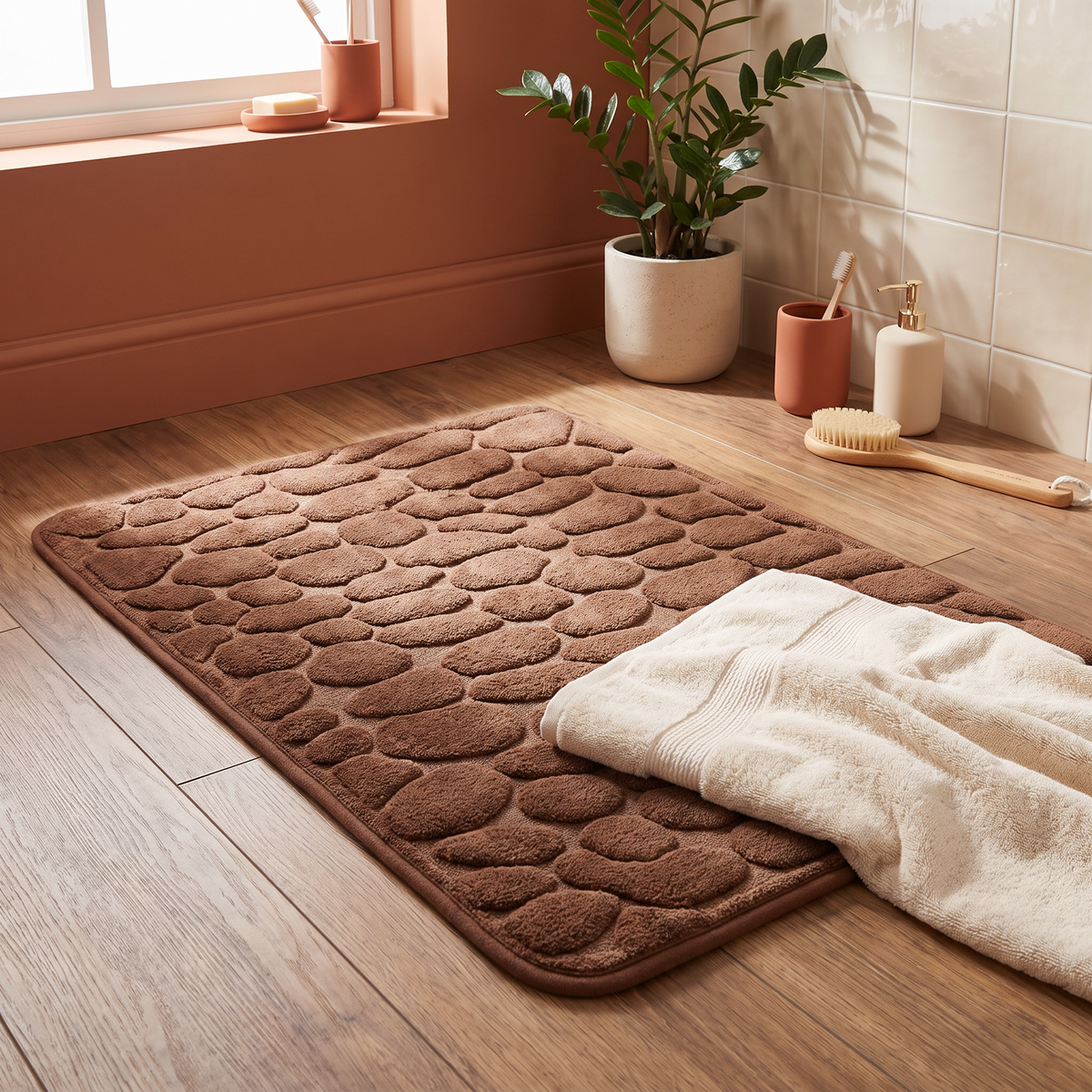Textured cobblestone non-slip bath mat on a bathroom floor beside a towel
