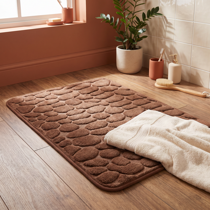 Textured cobblestone non-slip bath mat on a bathroom floor beside a towel