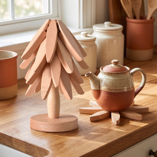 Tree-shaped wooden trivet set protecting a dining table from hot dishes