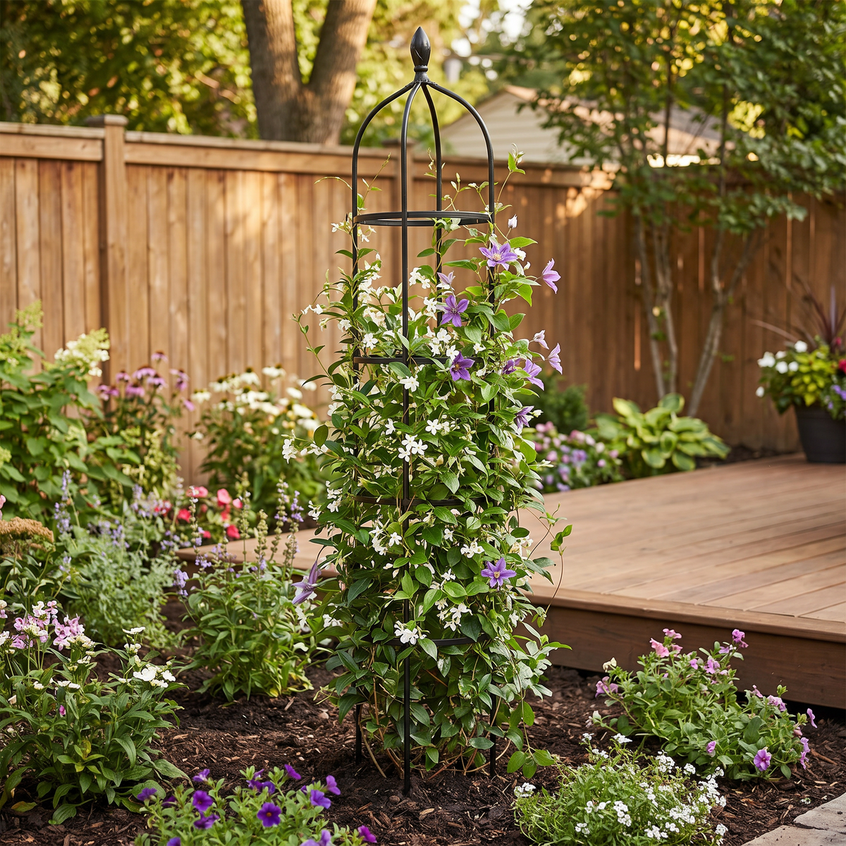 Tall obelisk garden trellis with climbing vines in a garden bed