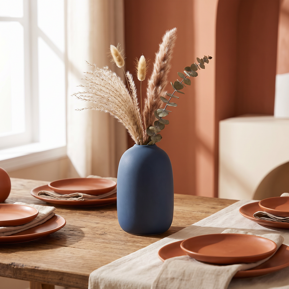 Simple solid color Nordic ceramic vase with narrow neck on a shelf