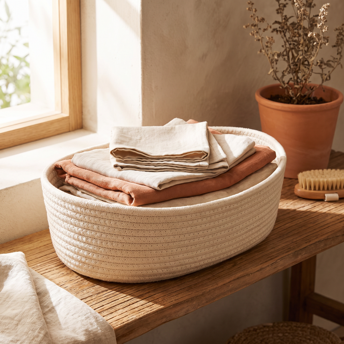 Woven storage basket organizer on a shelf holding folded linens