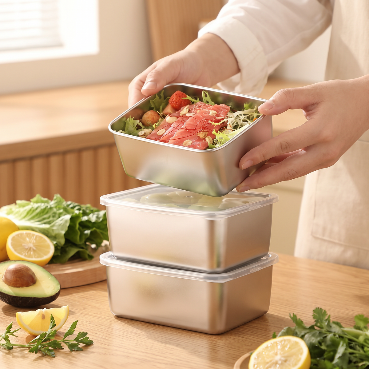 Six piece stainless steel food storage container set on a kitchen counter