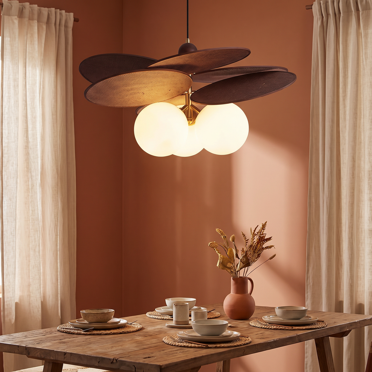 Handwoven rattan pendant light hanging above a dining table