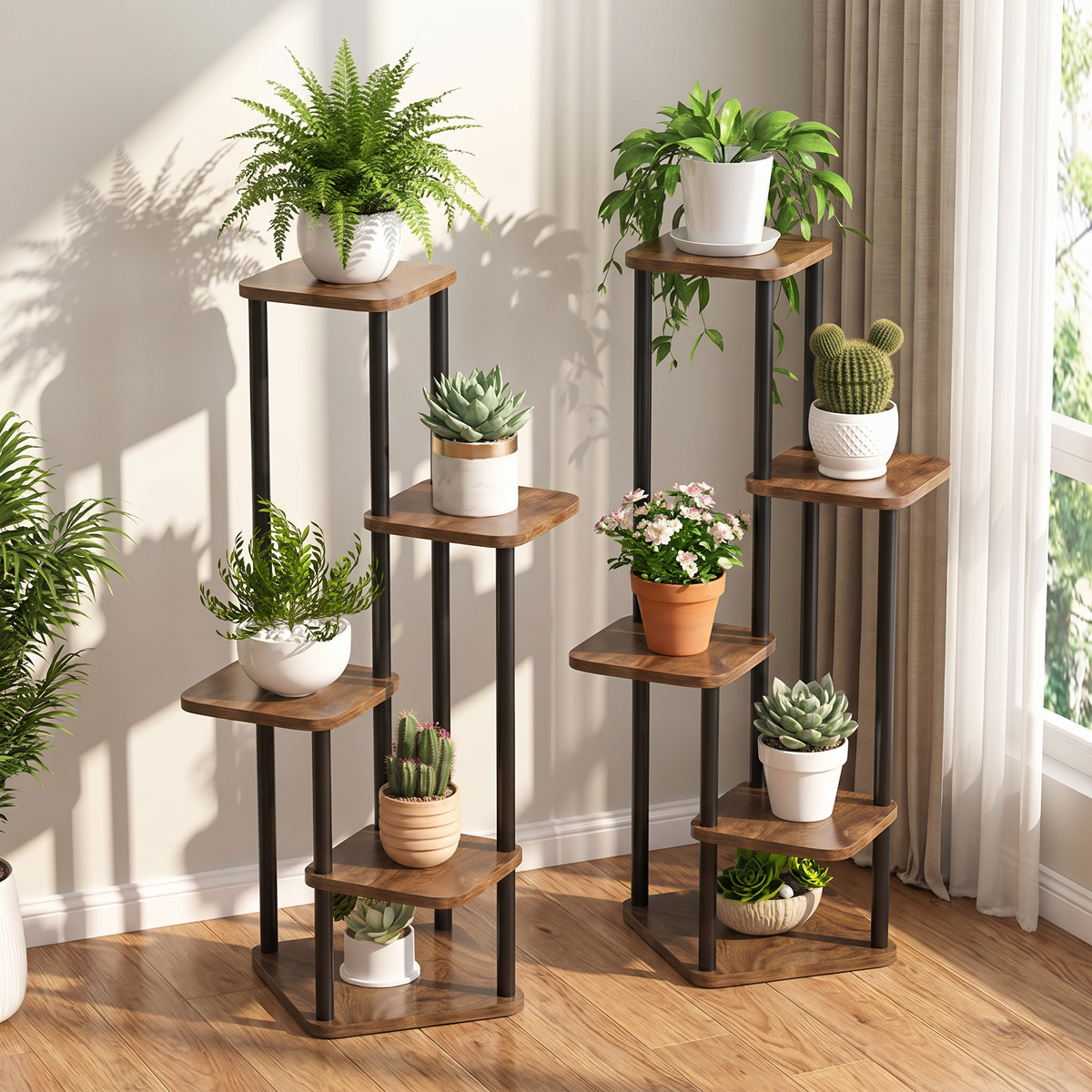 Six tier wooden plant stand displaying multiple potted plants near a window