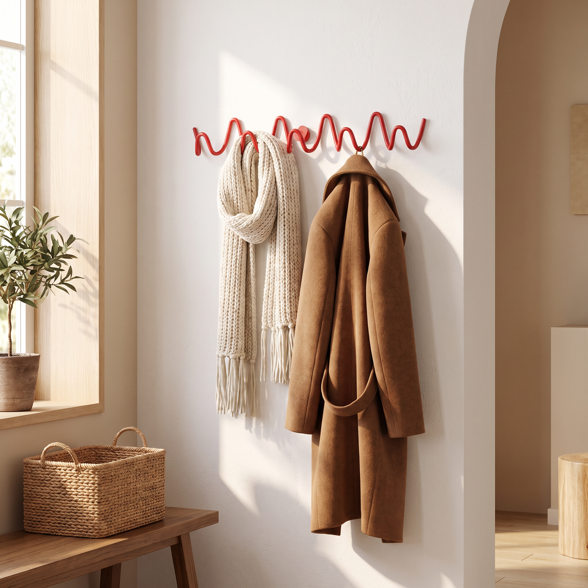 Wave-shaped wall mounted coat rack holding coats in an entryway