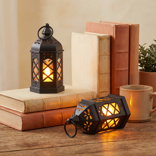 Small retro portable lamp glowing on a wooden desk beside books