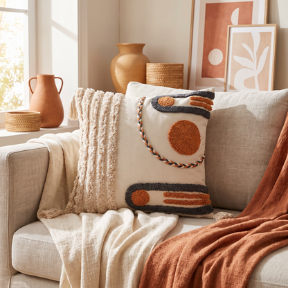 Tasseled bohemian embroidered cushion cover on an armchair