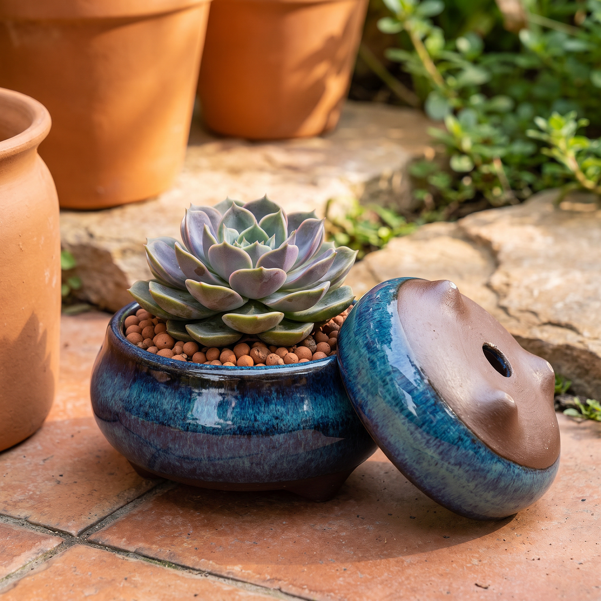 Round ceramic garden planter pot with succulent on a garden patio