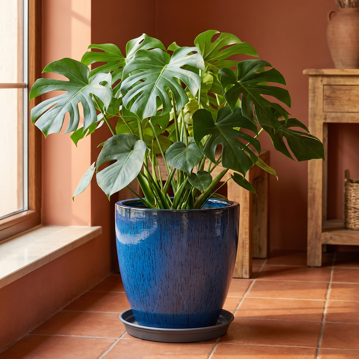 Deep ceramic monstera planter pot with saucer holding a large houseplant