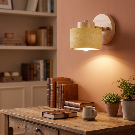Rotatable yellow cave stone wall lamp mounted in a study