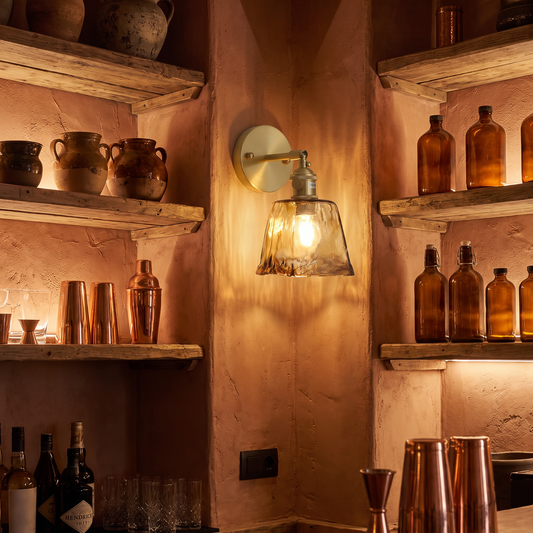Japanese retro brass and glass wall lamp mounted in a bar area