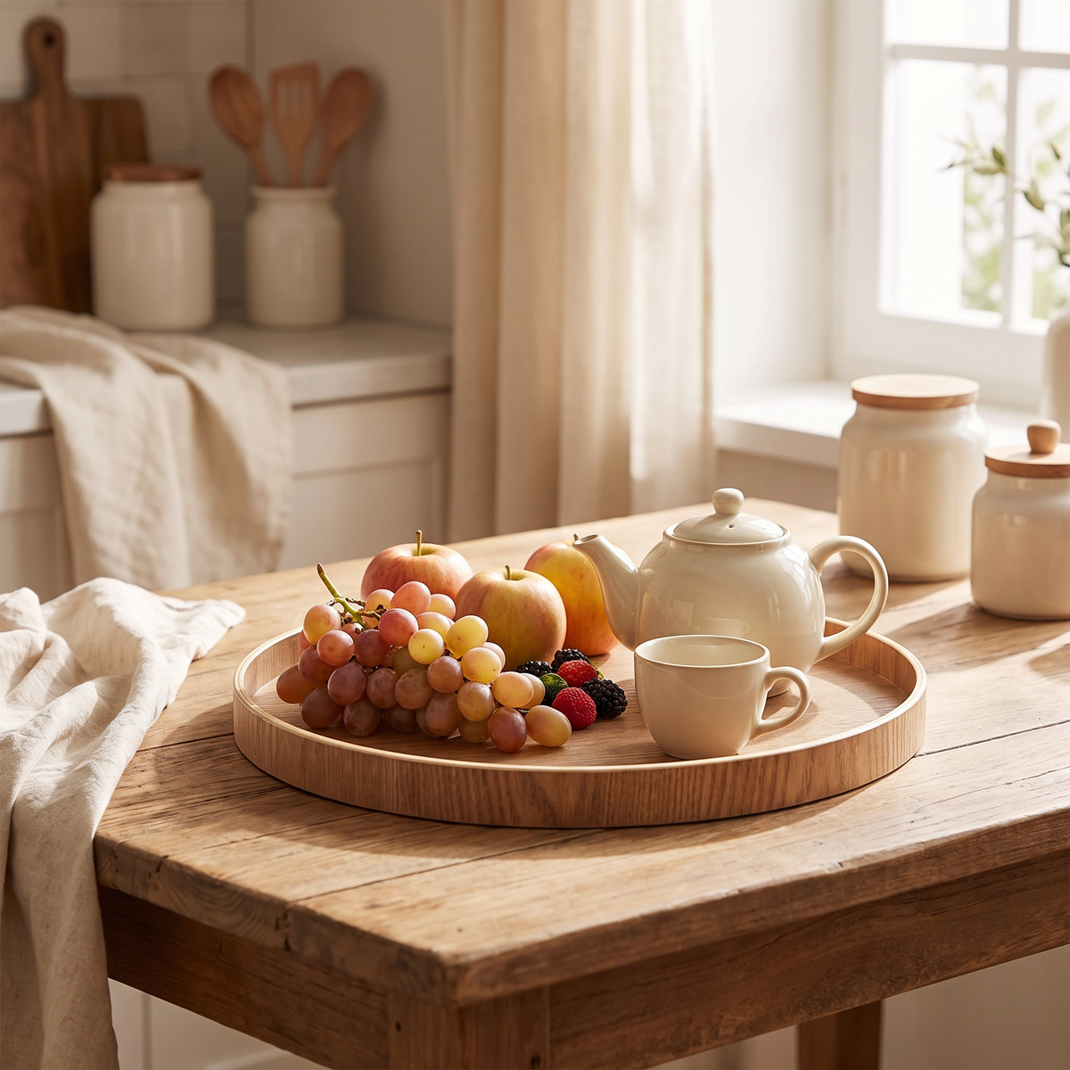 Round wooden serving tray holding tea and fruit on a kitchen table
