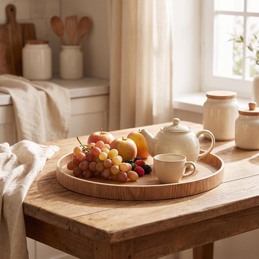 Round wooden serving tray holding tea and fruit on a kitchen table