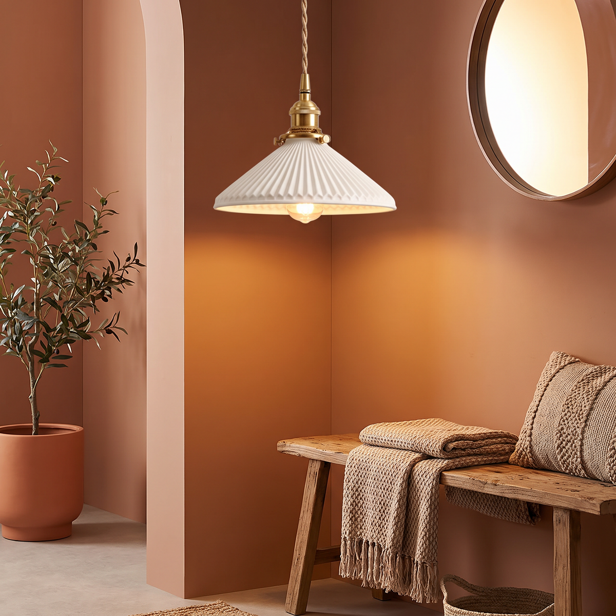 Retro bronze ceramic chandelier with Japanese-Nordic style hanging in a living room