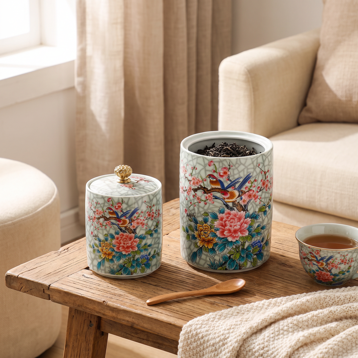 Enamel decorated European ceramic storage jar on a kitchen counter