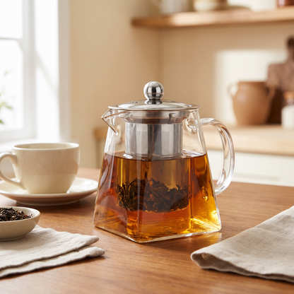 Glass teapot with built-in infuser steeping loose leaf tea on a dining table