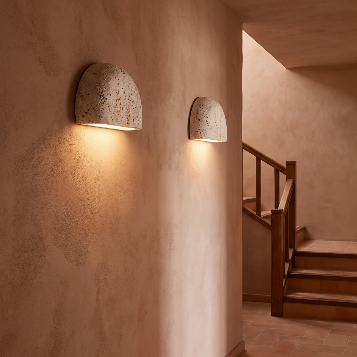 Textured stone wall lamp with wabi-sabi style mounted in a corridor
