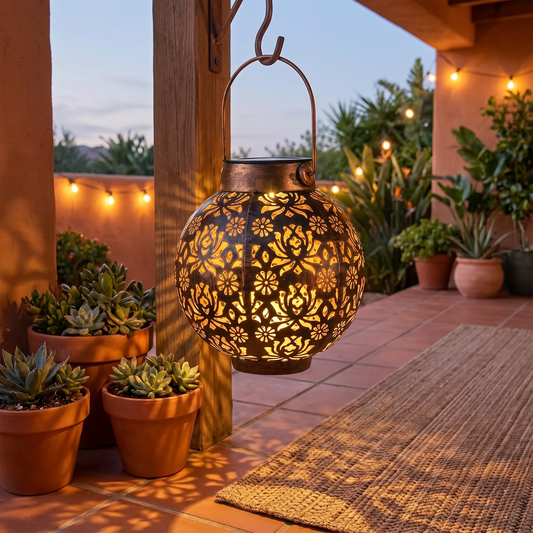 Metallic solar lantern hanging in a garden providing warm LED light
