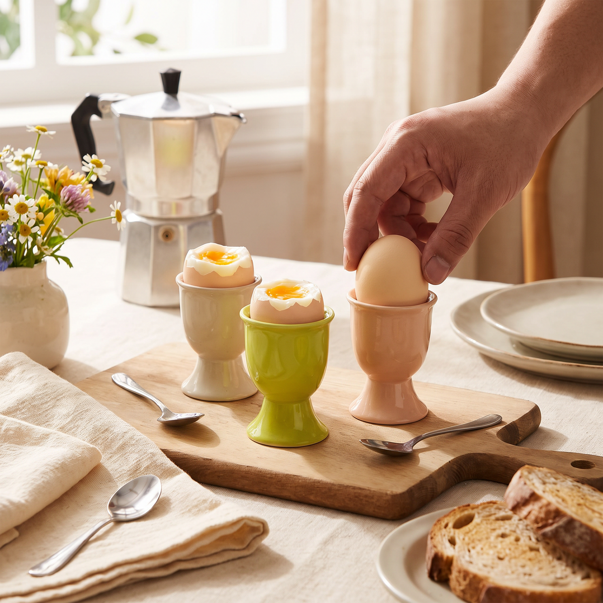 Colorful ceramic egg cup holders set on a breakfast table