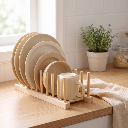 Bamboo dish drain rack on a kitchen counter holding clean dishes