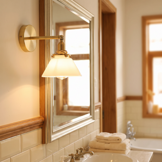 Nordic retro wall lamp mounted beside a bathroom mirror with warm glow