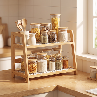 Two-tier bamboo storage rack organizing items on a kitchen counter
