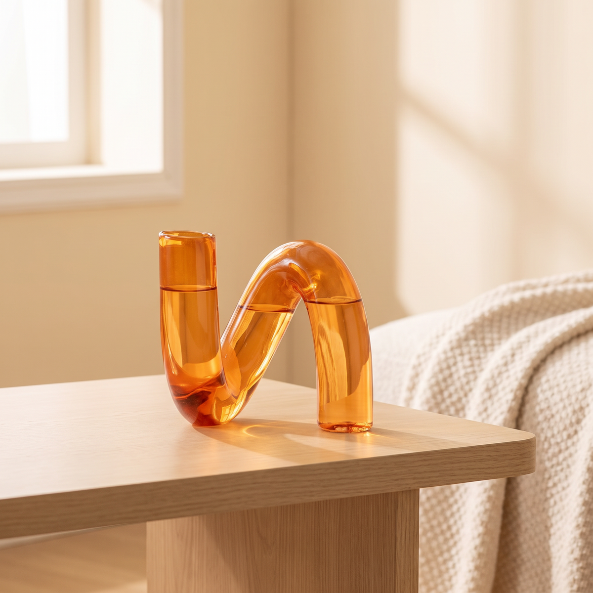 Irregular shaped amber glass vase on a wooden coffee table beside a cream throw blanket