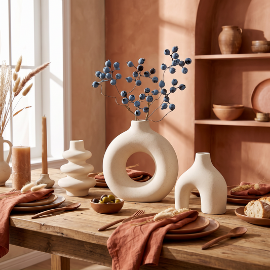 Bohemian ceramic vase set arranged on a dining table