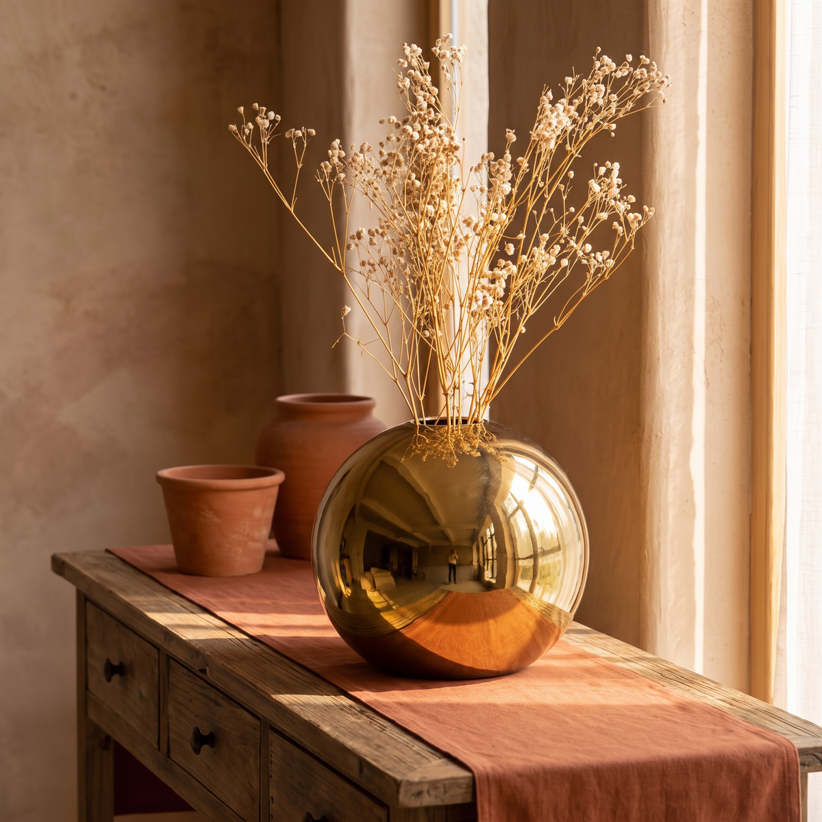 Gold plated ceramic vase with sculptural form on a console table