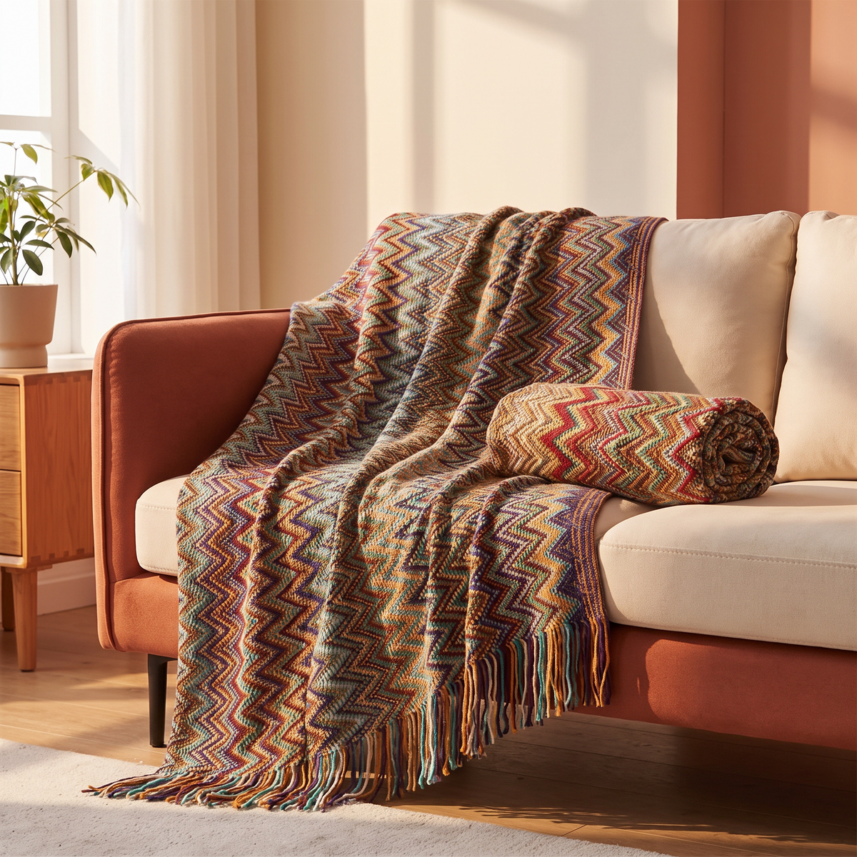 Hand knitted acrylic throw blanket with tassels draped over a sofa
