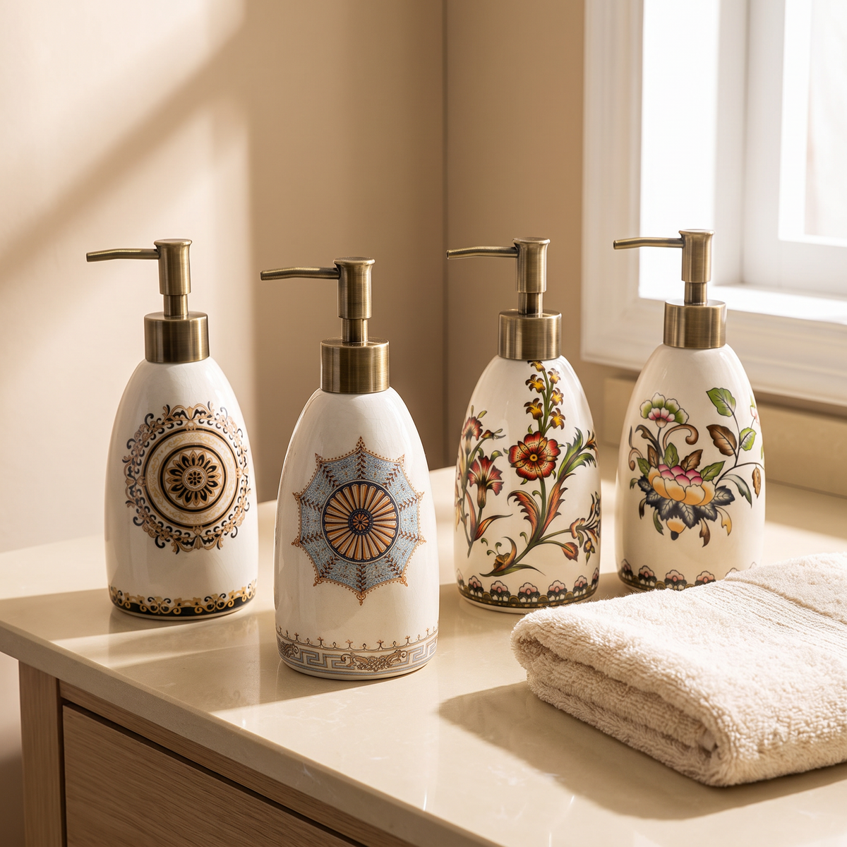 Ceramic soap dispenser bottle with ice-crack finish on a bathroom counter