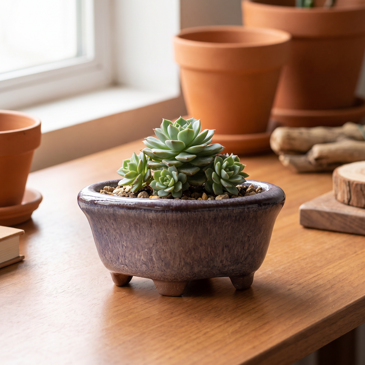 Mini glazed purple clay succulent planter pot on a windowsill