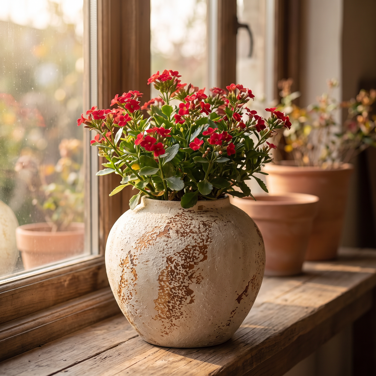 Retro ceramic flowerpot with white spotted texture holding a flowering plant