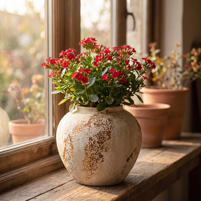 Retro ceramic flowerpot with white spotted texture holding a flowering plant